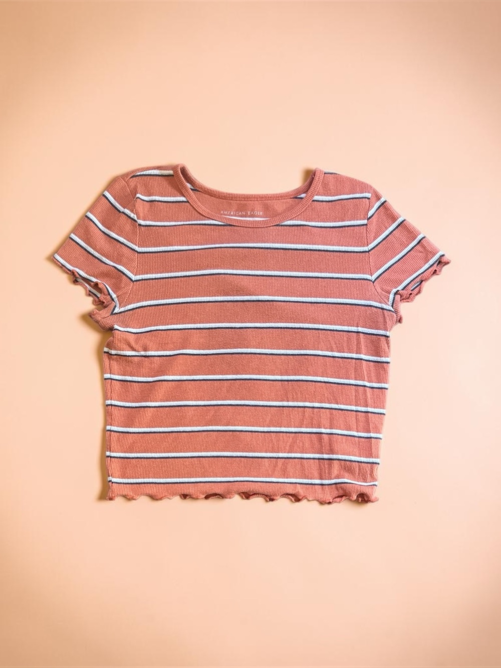 Striped Ruffle Hem Crop Tee - Rust Pink